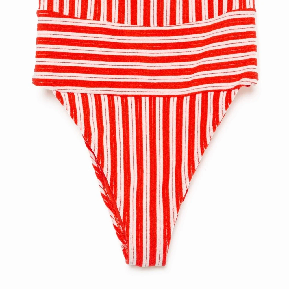 Forever 21 Red White Striped Terry Monokini High-Leg One-Piece Swimsuit – Size L - Picture 4 of 13